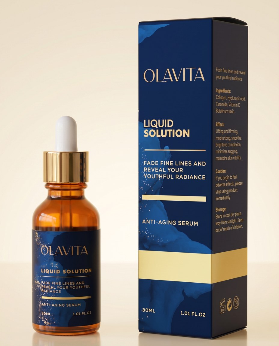Флакон сироватки OLAVITA Liquid Solution — бурштинове скло, золоте кільце, темно-синя етикетка — поруч зі своєю фірмовою темно-синьою коробкою, на теплому кремовому фоні з м’яким відображенням. Один продукт.