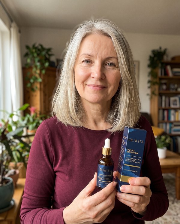 Покупчиня тримає в руках флакон і упаковку OLAVITA Liquid Solution удома.
